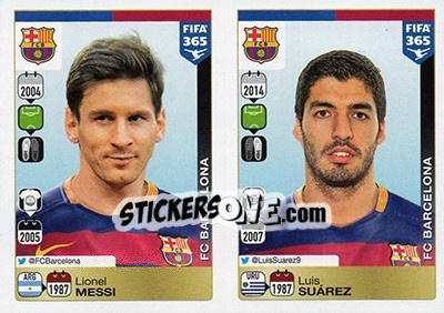 Sticker Lionel Messi / Luis Suárez - FIFA 365: 2015-2016 n. 367-368 - Panini