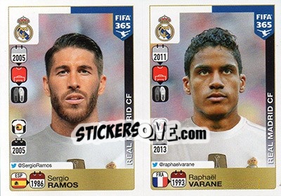 Sticker Sergio Ramos / Raphaël Varane - FIFA 365: 2015-2016 n. 374-375 - Panini