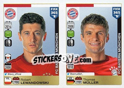 Sticker Robert Lewandowski / Thomas Müller - FIFA 365: 2015-2016 n. 489-490 - Panini