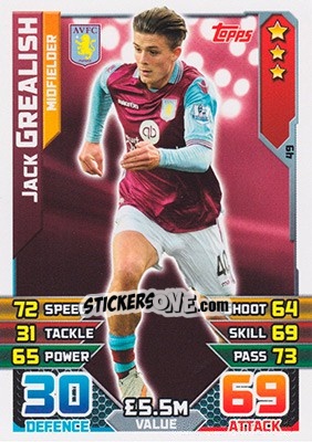 Figurina Jack Grealish - English Premier League 2015-2016. Match Attax - Topps