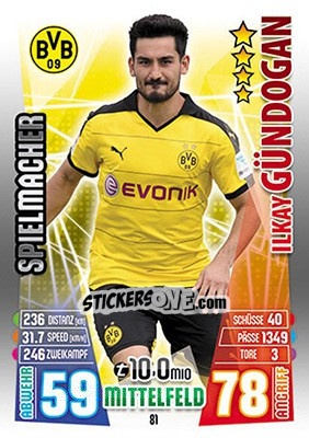 Sticker Ilkay Gündoğan - German Fussball Bundesliga 2015-2016. Match Attax n. 81 - Topps