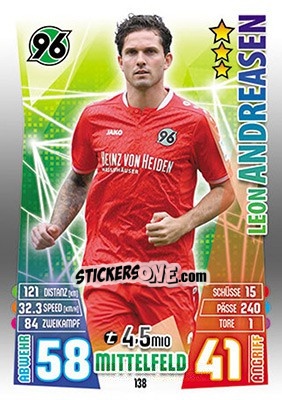 Cromo Leon Andreasen - German Fussball Bundesliga 2015-2016. Match Attax - Topps