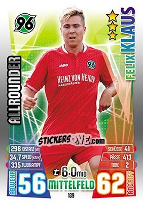 Sticker Felix Klaus - German Fussball Bundesliga 2015-2016. Match Attax - Topps
