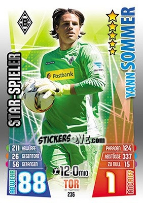 Sticker Yann Sommer - German Fussball Bundesliga 2015-2016. Match Attax - Topps
