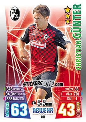 Cromo Christian Günter - German Fussball Bundesliga 2015-2016. Match Attax - Topps