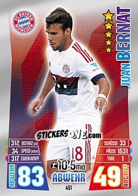 Sticker Juan Bernat - German Fussball Bundesliga 2015-2016. Match Attax - Topps