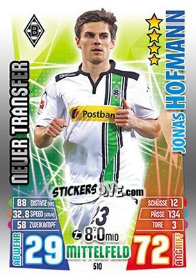 Sticker Jonas Hofmann - German Fussball Bundesliga 2015-2016. Match Attax n. 510 - Topps