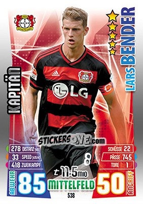 Cromo Lars Bender - German Fussball Bundesliga 2015-2016. Match Attax - Topps