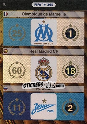 Sticker Olympique De Marseille, Real Madrid Cf, Fc Zenit - FIFA 365: 2015-2016. Adrenalyn XL - Nordic edition n. 9 - Panini
