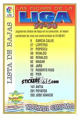 Cromo Checklist (Lista de Bajas) - Las Fichas De La Liga 1997-1998 - Mundicromo