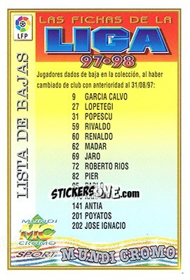 Sticker Checklist (Lista de Bajas) - Las Fichas De La Liga 1997-1998 n. 608 - Mundicromo