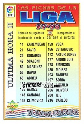 Sticker Checklist II (Ultima Hora) - Las Fichas De La Liga 1997-1998 n. 610 - Mundicromo