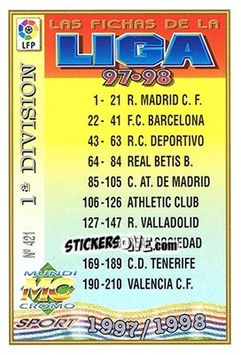 Sticker 421. ÍNDICE 1ª DIVISIóN - Las Fichas De La Liga 1997-1998 n. 611 - Mundicromo