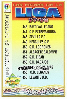 Sticker 445. ÍNDICE 2ª DIVISIóN - Las Fichas De La Liga 1997-1998 n. 635 - Mundicromo