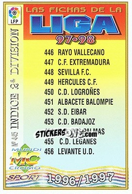 Sticker 445. ÍNDICE 2ª DIVISIóN - Las Fichas De La Liga 1997-1998 - Mundicromo