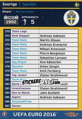 Sticker Sverige - UEFA Euro France 2016. Adrenalyn XL - Panini