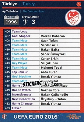Sticker Türkiye - UEFA Euro France 2016. Adrenalyn XL n. DIV25 - Panini