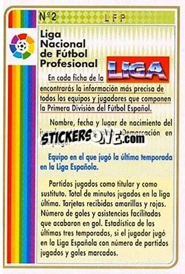 Sticker L.F.P. Key card - Las Fichas De La Liga 1994-1995 n. 2 - Mundicromo