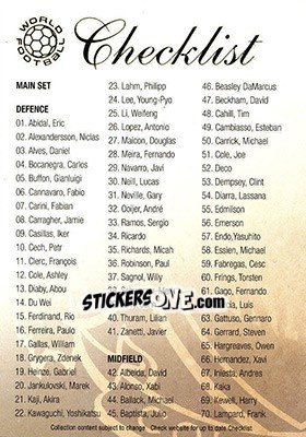 Sticker Checklist card 1 - World Football UNIQUE 2008 n. 199 - Futera