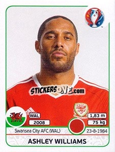 Sticker Ashley Williams - UEFA Euro France 2016 n. 182 - Panini