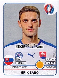 Sticker Erik Sabo - UEFA Euro France 2016 n. 224 - Panini