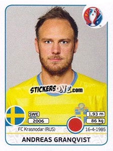 Sticker Andreas Granqvist - UEFA Euro France 2016 - Panini