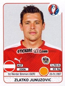 Sticker Zlatko Junuzovic - UEFA Euro France 2016 - Panini