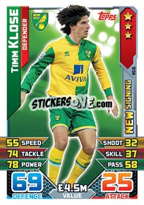 Sticker Timm Klose - English Premier League 2015-2016. Match Attax Extra - Topps