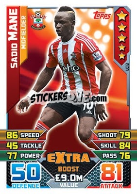 Sticker Sadio Mane  -  Extra Boost - English Premier League 2015-2016. Match Attax Extra n. UC13 - Topps