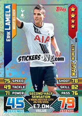 Sticker Erik Lamela - English Premier League 2015-2016. Match Attax Extra n. MM8 - Topps