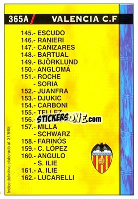 Sticker Valencia - Espanyol (Indice 31.08.1998) - Las Fichas De La Liga 1998-1999 n. 365a - Mundicromo