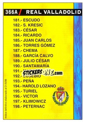 Sticker Real Valladolid - Deportivo La Coruña (Indice 31.08.1998) - Las Fichas De La Liga 1998-1999 n. 366a - Mundicromo