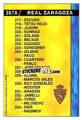 Sticker Real Zaragoza - Racing (Indice 01.08.1998) - Las Fichas De La Liga 1998-1999 n. 367 - Mundicromo