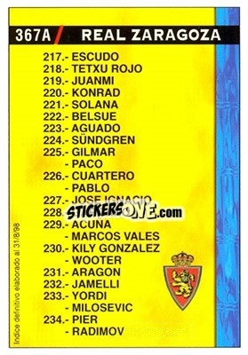 Sticker Real Zaragoza - Racing (Indice 31.08.1998) - Las Fichas De La Liga 1998-1999 n. 367a - Mundicromo
