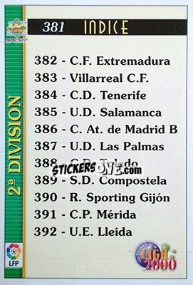 Sticker Indice 2ª división - Las Fichas De La Liga 1999-2000 - Mundicromo