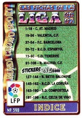 Sticker Indice 1ª división - Las Fichas De La Liga 1996-1997 - Mundicromo