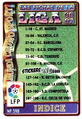 Sticker Indice 1ª división - Las Fichas De La Liga 1996-1997 n. 398 - Mundicromo