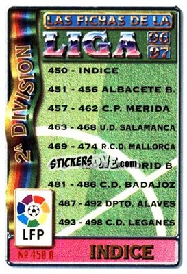 Cromo Indice 2ª división - Las Fichas De La Liga 1996-1997 - Mundicromo