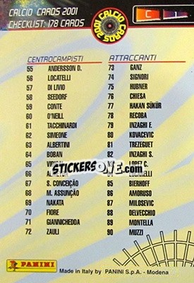 Cromo Checklist 1 - Calcio Cards 2000-2001 - Panini