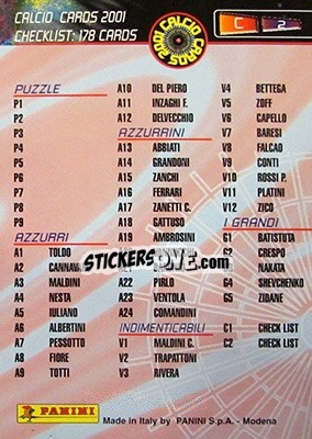 Sticker Checklist 2 - Calcio Cards 2000-2001 n. CL2 - Panini