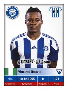 Sticker Vincent Onovo - Veikkausliiga 2016 n. 102 - Carouzel
