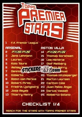 Sticker Checklist 1 - Premier Stars 2004-2005 n. CL1 - Topps