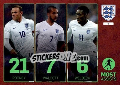 Sticker Most Assits: Wayne Rooney / Theo Walcott / Danny Welbeck - England 2016. Adrenalyn XL n. 8 - Panini