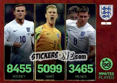 Figurina Minutes Played: Wayne Rooney / Joe Hart / James Milner - England 2016. Adrenalyn XL - Panini