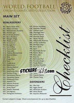 Sticker Checklist card 1 - World Football Online 2009-2010. Series 1 n. 398 - Futera
