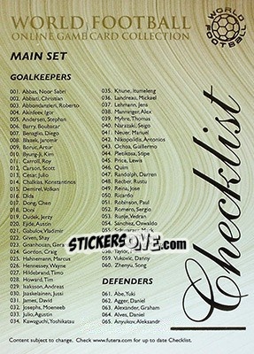 Sticker Checklist card 1 - World Football Online 2009-2010. Series 1 - Futera