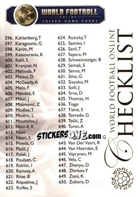 Sticker Checklist 3 - World Football Online 2010-2011. Series 2 - Futera