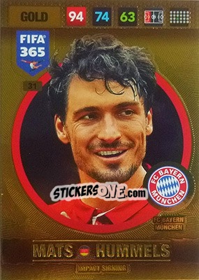 Sticker Mats Hummels - FIFA 365: 2016-2017. Adrenalyn XL n. 31 - Panini